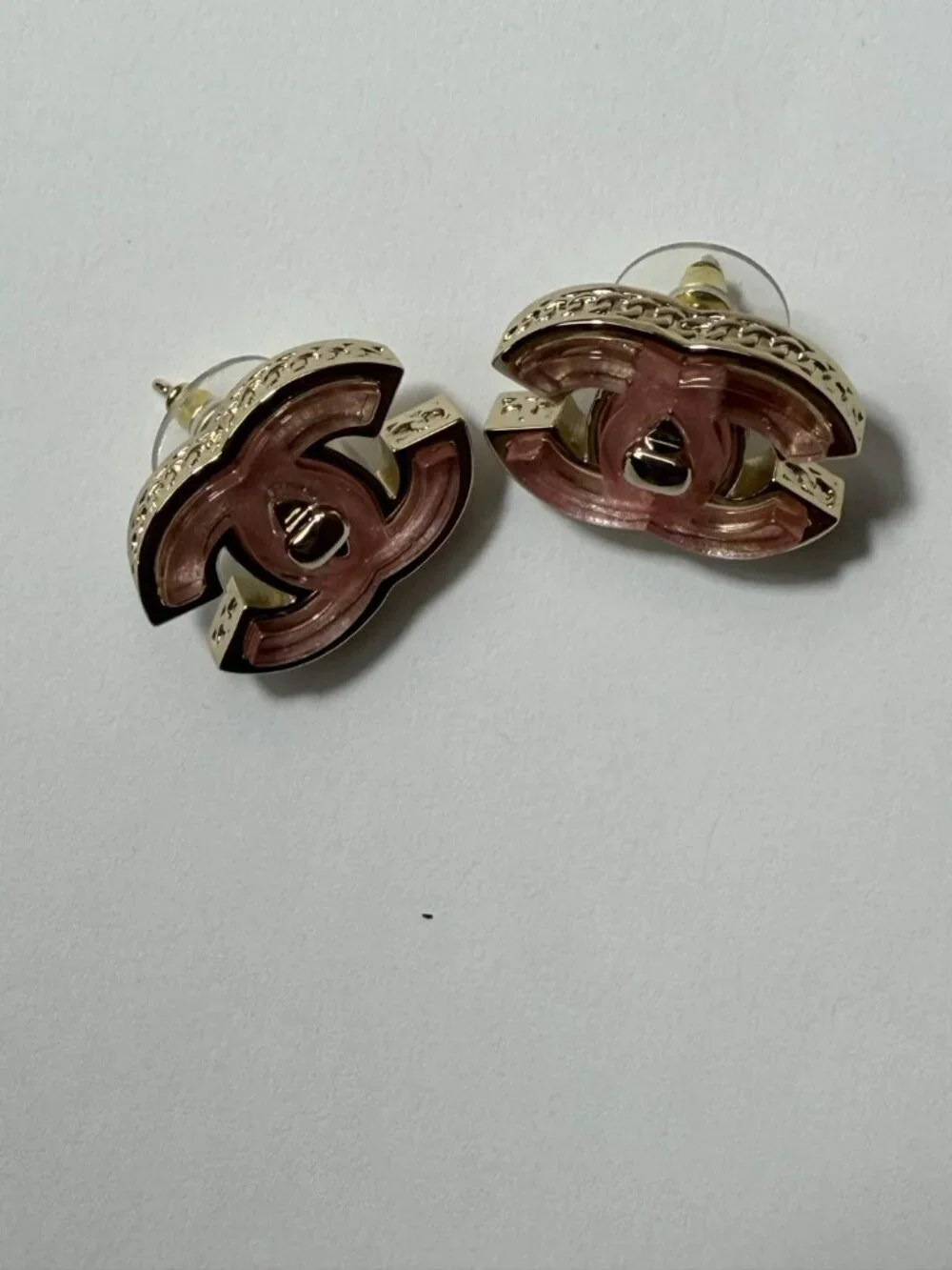 Chanel Pink Enamel CC Gold Earrings